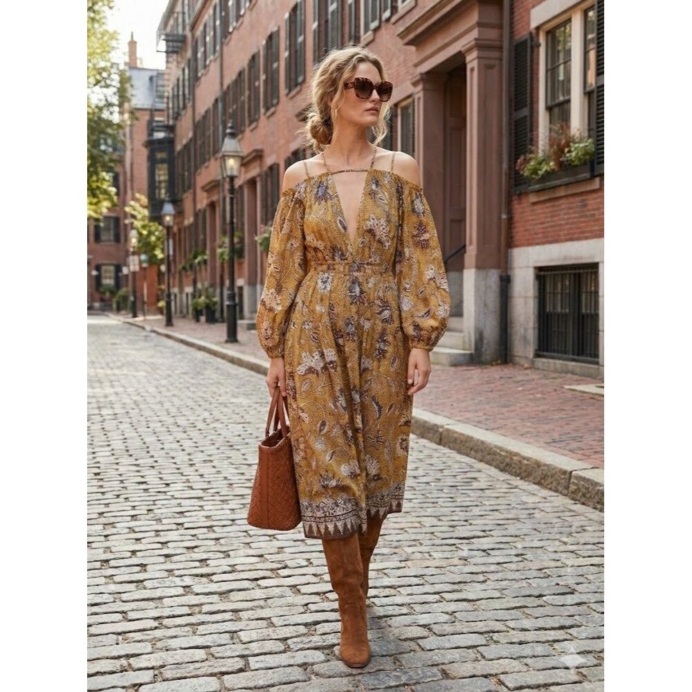 Ulla Johnson Tahlia Portofino Yellow Floral Cold Shoulder Poplin Midi Dress 0
